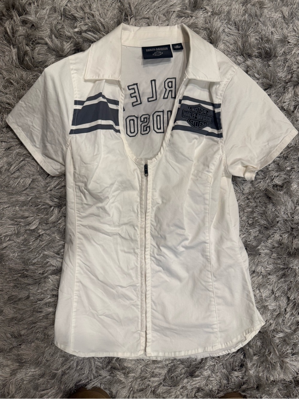 Harley-Davidson White Short Sleeve Zip Front Shirt with Black Stripes